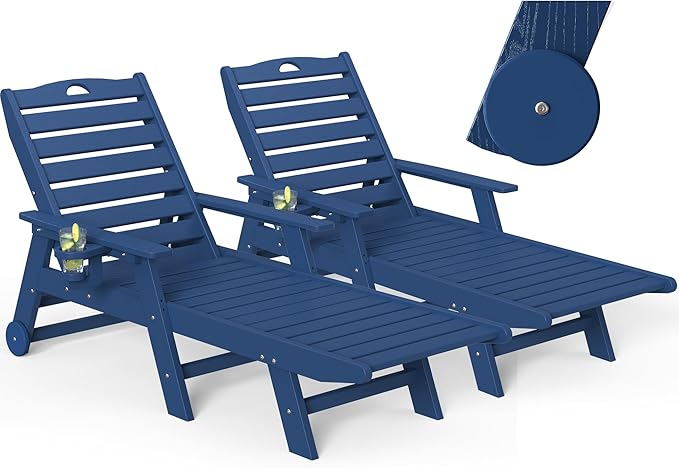 nalone Outdoor Chaise Lounge Chair Set of 2 with Wheels & Cup Holder, HDPE Pool Lounge Chairs with 5-Position Adjustable Backrest Supports Up to 400 LBS for Patio Poolside Deck Beach(Navy Blue)