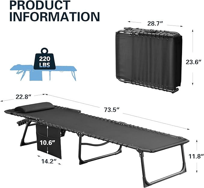 Greesum Chaise Lounge Folding Tanning Chair with 5 Position Adjustable Back, Detachable Pillow & Pocket Outside Pool, Beach, Sunbathing, Black