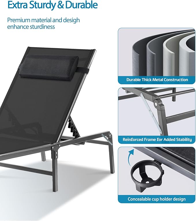 4 Pack Foldable Chaise Lounge Chair with Cup Holder - Photo 5