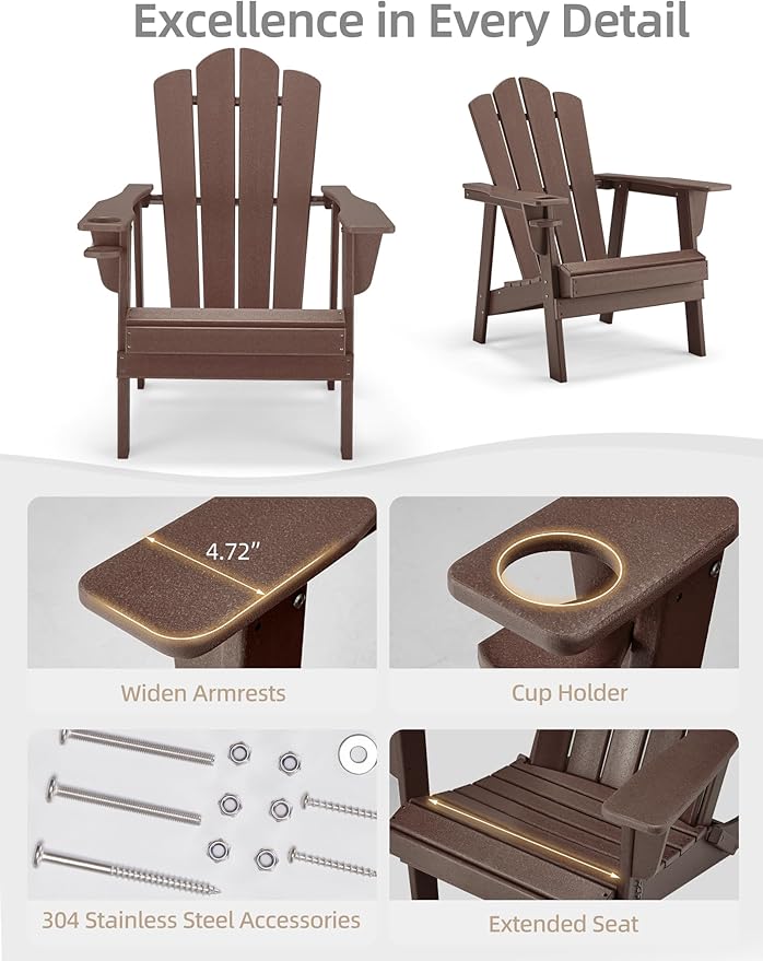 Adirondack Chair - Durable HDPE Poly Lumber All-Weather Resistant, Oversized Balcony Porch Patio Outdoor Chair for Lawn, Backyard, Deck, Garden, Camping - Easy Installation, Teak