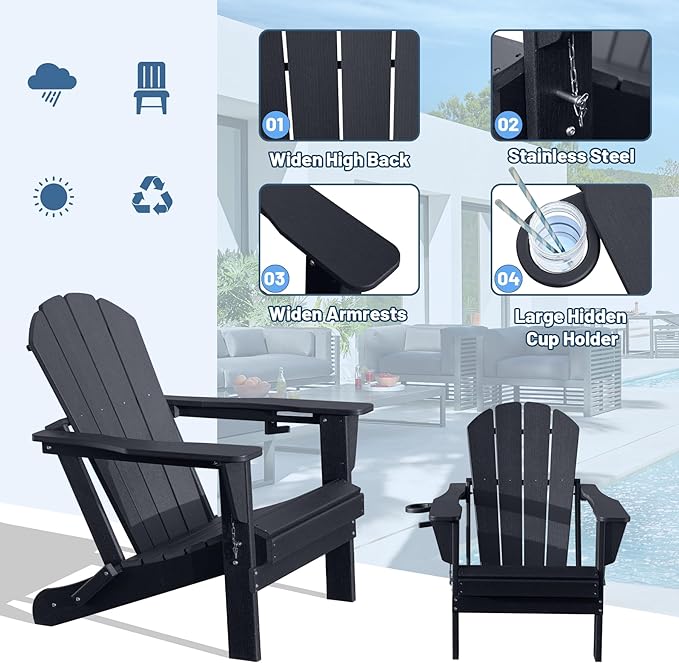 Adirondack Chairs Set of 2, Plastic Adirondack Chair, Adirondack Chairs, HDPE Adirondack Chair, Folding Adirondack Chairs, Outdoor Chairs with Cup Holder for Lawn Patio Deck Fire Pit -Black
