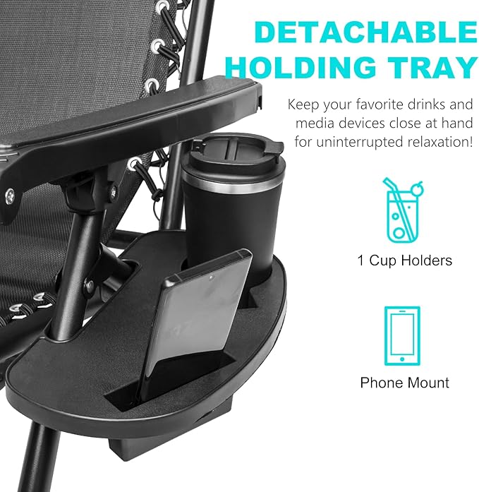 SZHLUX 1 PCS Adjustable Steel Mesh Zero Gravity Lounge Chair Recliners W/Pillows and Cup Holder Trays - Black - Photo 5