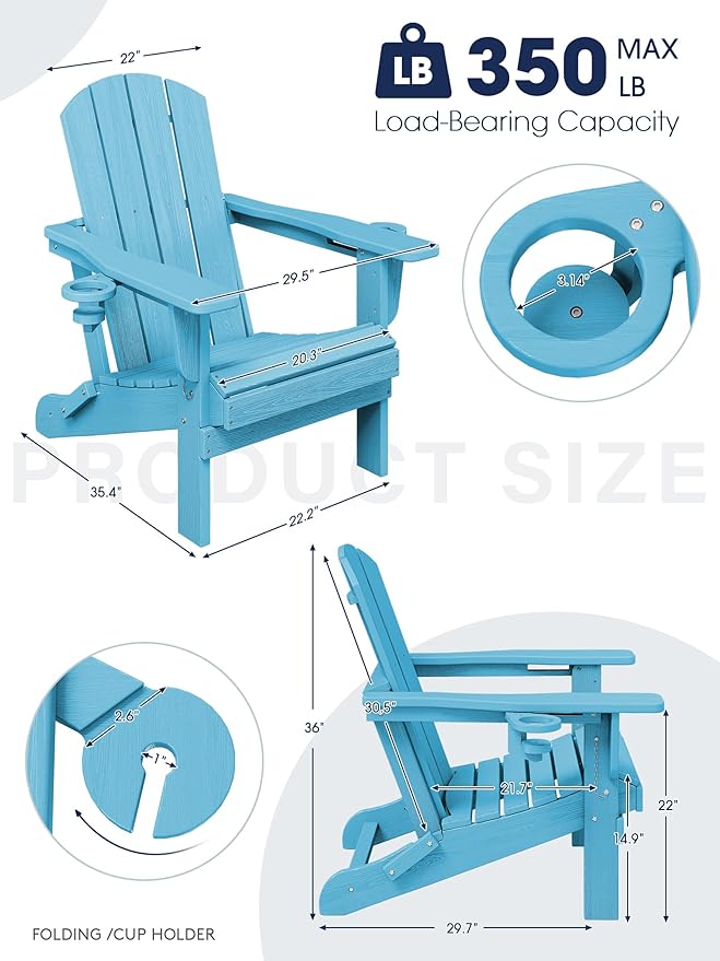 KINGYES Folding Adirondack Chair with Dual Cup Holders - HDPE All-Weather Outdoor Chairs - Photo 2