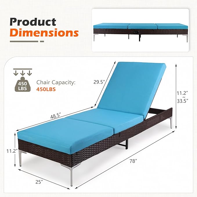 HOMREST Outdoor Chaise with Pneumatic Adjustable Backrest, Rattan Pool Sunbathing Chair - Turquoise