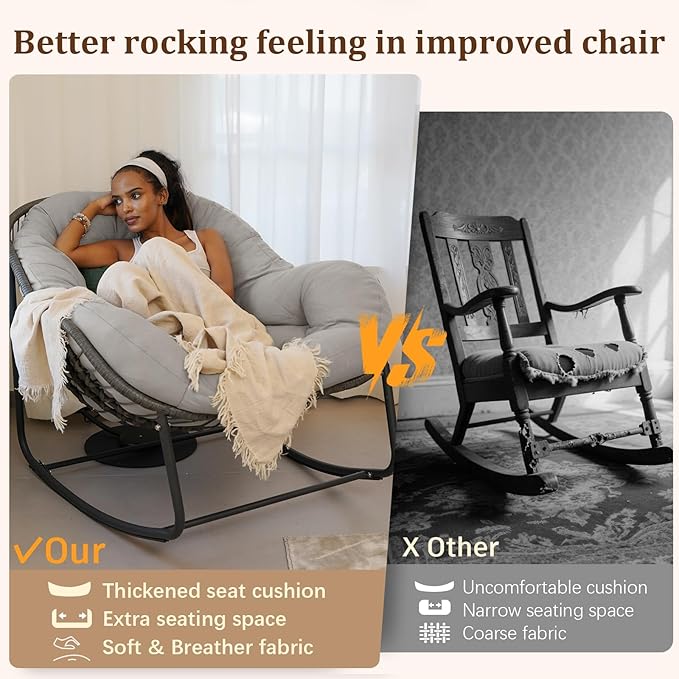 Outdoor Rocking Chair Set of 2, Patio Wicker Egg Chair, Indoor & Outdoor Double Papasan Chair with Padded Cushion, Royal Rattan Rocker for Front Porch, Garden, Patio (Light Grey)