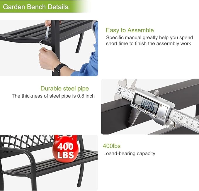 BSTOPHKL Outdoor Bench, Patio Garden Bench for Outside Steel Frame Patio Metal Bench for Porch, Lawn, Balcony, Backyard, Poolside, Outside Decor Furniture, Black