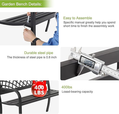 BSTOPHKL Outdoor Bench, Patio Garden Bench for Outside Steel Frame Patio Metal Bench for Porch, Lawn, Balcony, Backyard, Poolside, Outside Decor Furniture, Black