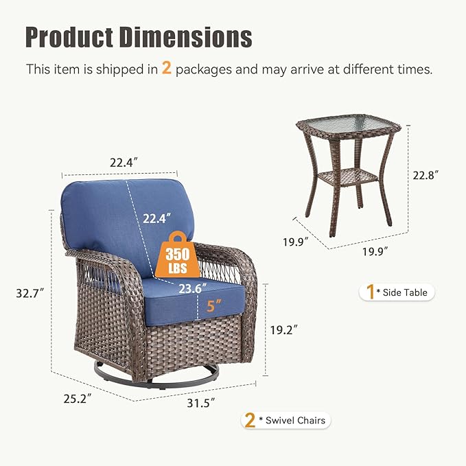 3 Pieces Patio Furniture Set with Swivel Chairs, All Weather Patio Wicker Chairs Swivel Rocker Rattan Side Table - Photo 2