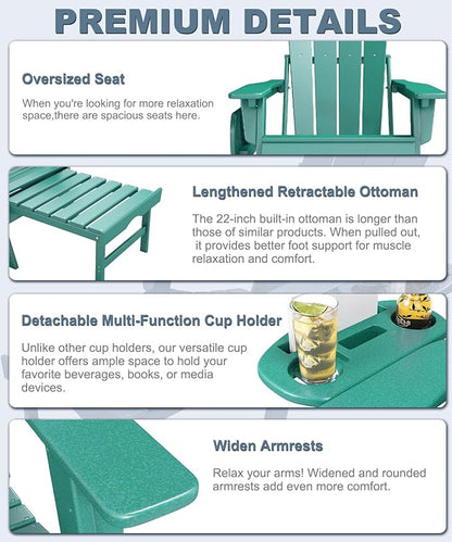 Adjustable Adirondack Chair with Retractable Ottoman Set of 4, HDPE Folding Adirondack Chair with Cup Holder, All Weather Fire Pit Chair for Outdoor.
