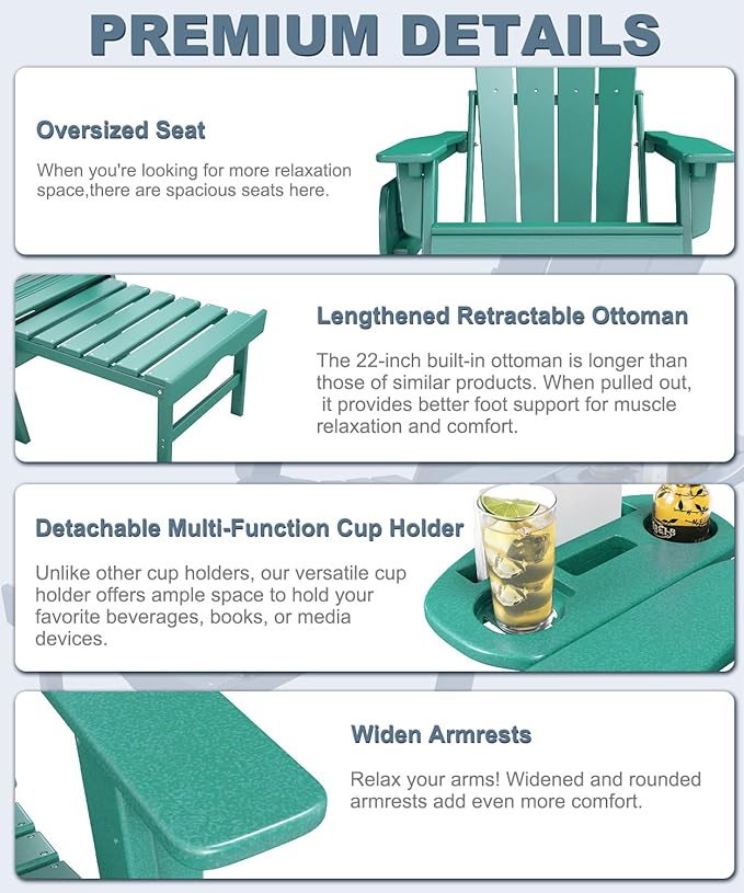 Adjustable Adirondack Chair with Retractable Ottoman Set of 2, HDPE Folding Adirondack Chair with Cup Holder - Photo 6