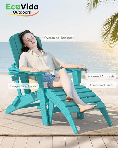 Upgraded Folding Adirondack Chair with All-Weather Cup Holder-EcoVida, Premium Wood Grain Texture, HDPE Waterproof, Suitable for Fire Pit, Patio, Porch, Aruba