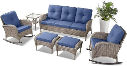 Belord 6 Pieces Patio Rocking Chairs Outdoor Furniture Set with Outdoor Couch and Ottoman Conversation Patio Furniture Set Perfect for Deck Sunroom Backyard