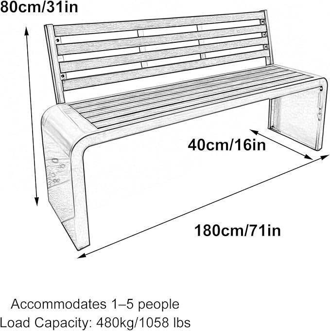 3 Seater Outdoor Metal Garden Bench with Back, Weight Capacity 1210 Lbs, Suitable for Patios, Gardens, Courtyards, Parks(180x80x40cm/71x31x16in)
