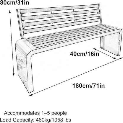 3 Seater Outdoor Metal Garden Bench with Back, Weight Capacity 1210 Lbs, Suitable for Patios, Gardens, Courtyards, Parks(180x80x40cm/71x31x16in)