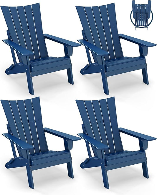 GREENVINES Folding-Adirondack-Chairs-Set-of-4 | HDPE Plastic | Arch Series | Fire Pit Chair | All Weather | for Outdoor Patio Deck Backyard Poolside | Blue