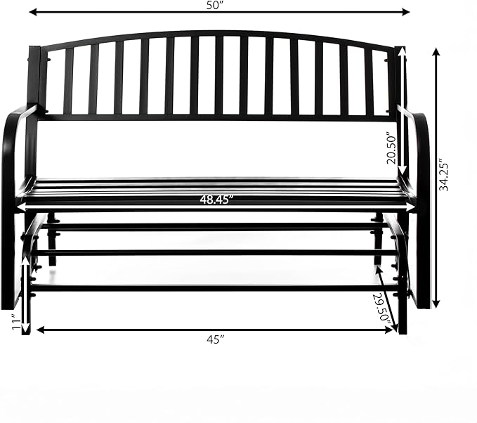 Gardenised QI003392 Outdoor Black Steel Swing, Powder Coated Glider Bench, Loveseat Lawn Rocker Bench for Yard, Patio, Garden and Deck