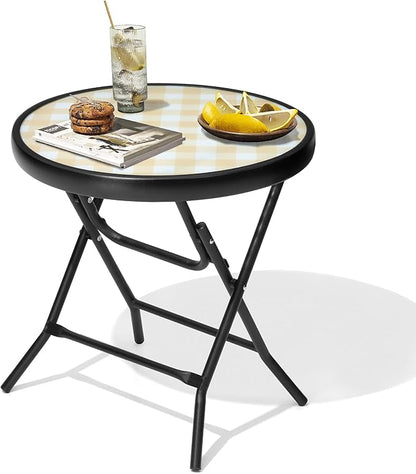 Foldable Patio Side Tables, 17.7" Small End Table Outdoor Weatherproof, Round Glass Top Outside Folding Table for Poolside, Balcony, Yard, Porch（Yellow）