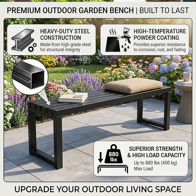 Outdoor Garden Bench, 3.3ft 3.9ft 4.9ft 5.9ft Metal Patio Benches Weatherproof Outside Backless Bench Front Porch Seat Outdoor for Park, Yard, Lawn and Backyard Outside Chair(Blue,3.3ft)