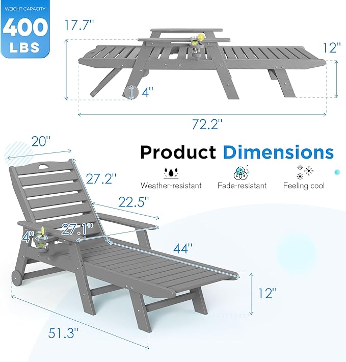 nalone Chaise Lounge Set of 2 Outdoor with 5-Position Adjustable Backrest, HDPE Lounge Chair for Outside Supports Up to 400 LBS, Pool Lounge Chairs for Patio Poolside Deck Beach Backyard (Grey)