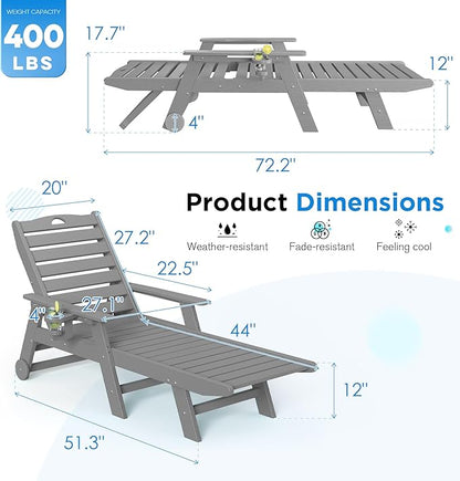 nalone Chaise Lounge Outdoor with 5-Position Adjustable Backrest, HDPE Lounge Chair for Outside Supports Up to 400 LBS, Pool Lounge Chairs for Patio Poolside Deck Beach Backyard (Grey)