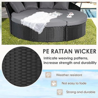 SUNCROWN Outdoor Patio Round Daybed with Retractable Canopy, Black Wicker Furniture Sectional Couch with Washable Cushions, Backyard, Porch