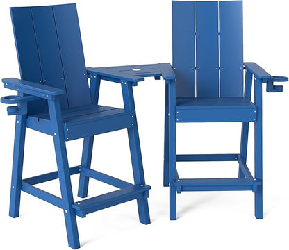Tall Adirondack Chair Set of 2, HDPE Balcony Chairs with Connecting Tray, Two Cup Holders, All-Weather Adirondack Bar Stools for Patio, Balcony, Backyard, Poolside, Navy Blue