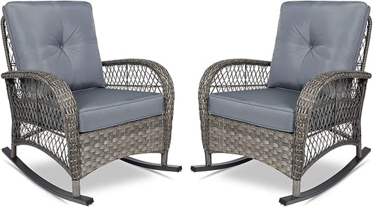 VIVIJASON 2 Piece Patio Wicker Rattan Rocker Chair, Outdoor Rattan Rocker Chair with Cushions & Steel Frame, All-Weather Rocking Lawn Wicker Furniture for Garden Backyard Porch (Grey)