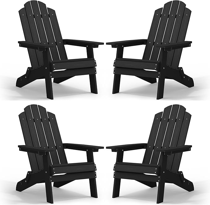 MXIMU Folding Adirondack Chair for Outdoor: Easy to Assemble and Comfortable Adirondack Chairs Set of 4 - All Weather Composite Plastic Chair for Outside Fire Pit Patio Lawn Garden Backyard Use(Black)