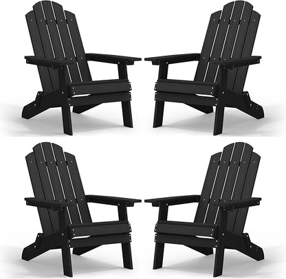 MXIMU Folding Adirondack Chair for Outdoor: Easy to Assemble and Comfortable Adirondack Chairs Set of 4 - All Weather Composite Plastic Chair for Outside Fire Pit Patio Lawn Garden Backyard Use(Black)