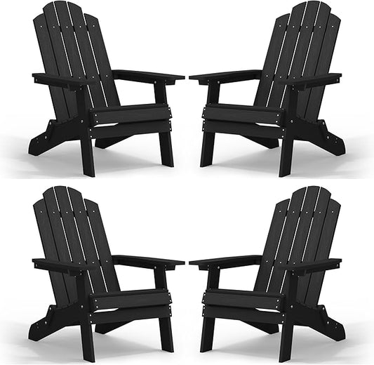 MXIMU Folding Adirondack Chair for Outdoor: Easy to Assemble and Comfortable Adirondack Chairs Set of 4 - All Weather Composite Plastic Chair for Outside Fire Pit Patio Lawn Garden Backyard Use(Black)