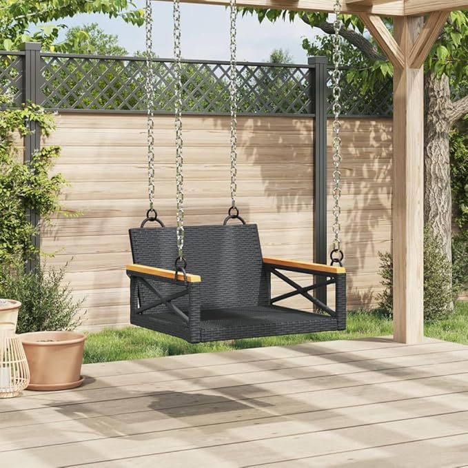 1-Seater Black PE Rattan Garden Chair Swing Bench 24.4x24.8x15.7 in Powder-Coated Steel Frame Solid Acacia Seat for - Photo 4