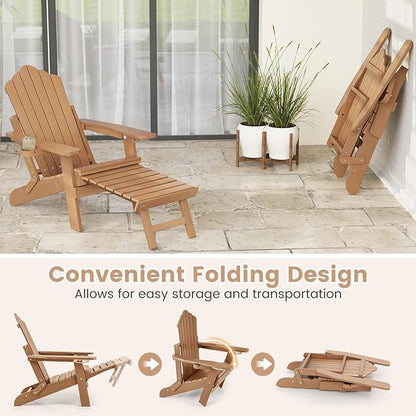 Giantex Folding Adirondack Chair, All-Weather Lounge Chair with Adjustable Backrest, Retractable Ottoman, Cup Holder, HIPS Fire Pit Chair for Lawn, Pool, Patio, Porch (1, Brown)