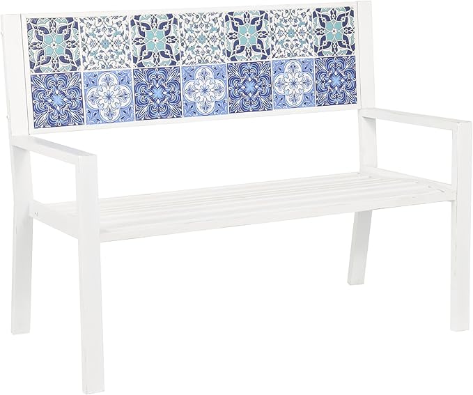 Deco 79 Metal Patio Outdoor Bench Mosaic Floral and Scroll Patio Bench with Blue and Teal Patterns, Bench 47" x 22" x 36", White