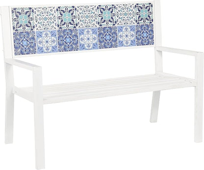 Deco 79 Metal Patio Outdoor Bench Mosaic Floral and Scroll Patio Bench with Blue and Teal Patterns, Bench 47" x 22" x 36", White