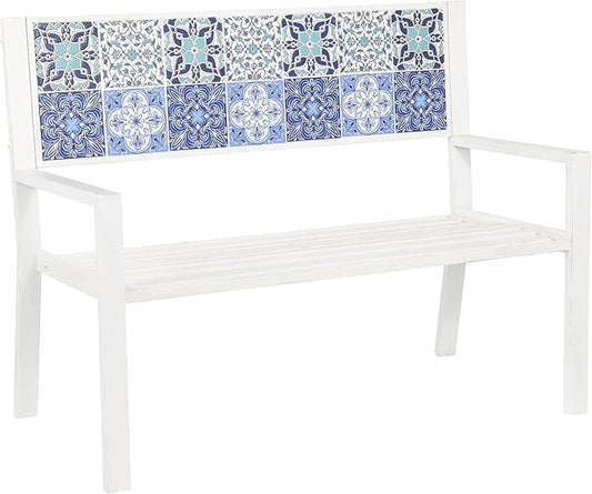 Deco 79 Metal Patio Outdoor Bench Mosaic Floral and Scroll Patio Bench with Blue and Teal Patterns, Bench 47" x 22" x 36", White