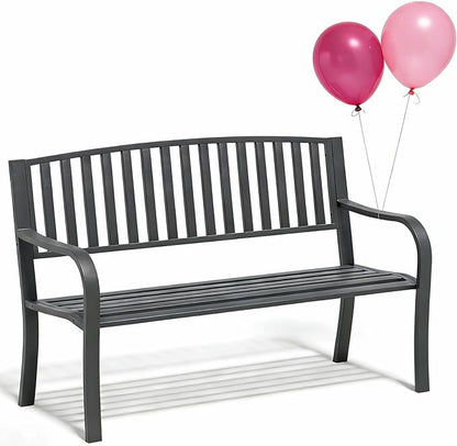 YLGJ&TIDY 50 Inches Garden Benches for Outdoor Patio Bench with Stripe Pattern Backrest Armrest Weatherproof Park Benches Metal Bench for Garden Park Porch Lawn Yard (BENCH08 2PCS)