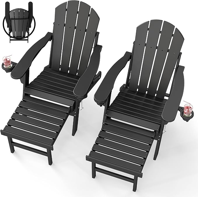 BRIOPAWS Adirondack-Chairs-with-Pull-Out-Footrest | Set of 2 | Folding | HDPE Plastic | Fire Pit Chair | All Weather | Cup Holders | Curved Back | Retractable Ottoman | for Poolside Deck | Black