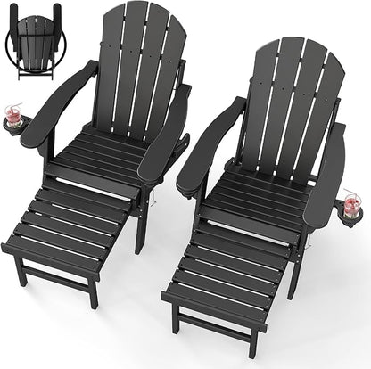 BRIOPAWS Adirondack-Chairs-with-Pull-Out-Footrest | Set of 2 | Folding | HDPE Plastic | Fire Pit Chair | All Weather | Cup Holders | Curved Back | Retractable Ottoman | for Poolside Deck | Black