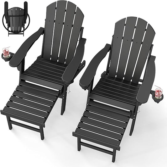 BRIOPAWS Adirondack-Chairs-with-Pull-Out-Footrest | Set of 2 | Folding | HDPE Plastic | Fire Pit Chair | All Weather | Cup Holders | Curved Back | Retractable Ottoman | for Poolside Deck | Black