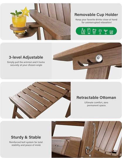 YEFU Adirondack Chair with Ottoman Outdoor: Adjustable Folding Adirondack Chairs Set of 2 - Fire Pit Chairs with Cup Holder - Sturdy HDPE Plastic All Weather for Patio/Fire Pit/Outside(Shallow walnut)
