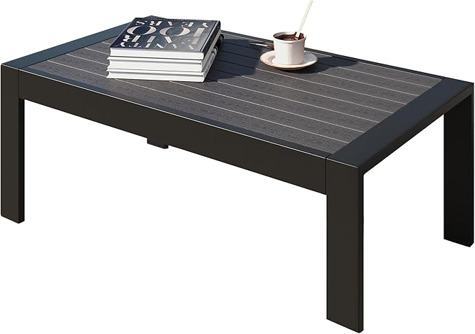 All-Weather Aluminum Outdoor Coffee Table, Modern Rectangle Patio Coffee Table for Balcony Garden, Black