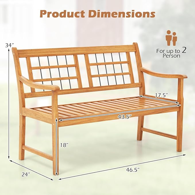 HAPPYGRILL Outdoor Acacia Wood Bench, 2-Person Patio Bench with Slatted Seat, Backrest & Armrests, 800 Lbs Max Load, Accent Patio Loveseat, Outside Bench for Garden Yard Lawn