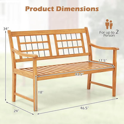HAPPYGRILL Outdoor Acacia Wood Bench, 2-Person Patio Bench with Slatted Seat, Backrest & Armrests, 800 Lbs Max Load, Accent Patio Loveseat, Outside Bench for Garden Yard Lawn