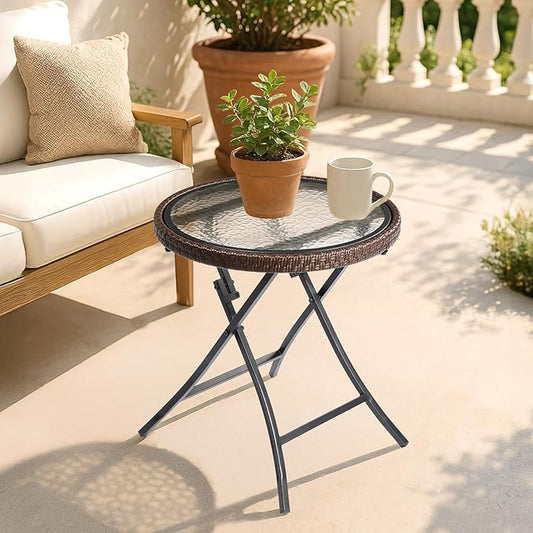 Outdoor Side Table, Round Rattan Patio Side Table, Small Foldable Wicker Table with Tempered Glass Table Top for Lawn Garden Balcony Porch Deck Pool