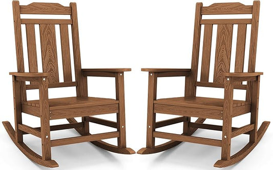 SERWALL Oversized Rocking Chair Set of 2 Outdoor, HDPE Outdoor Rocking Chair Set of 2, Brown