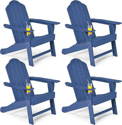 Giantex Adirondack Chair, HDPE All-Weather Patio Chair with Built-in Cup Holder, Outside Composite Chairs, Lawn Chair for Campfire, Deck, Garden, Yard, Balcony, Outdoor Fire Pit Chairs (4, Navy)
