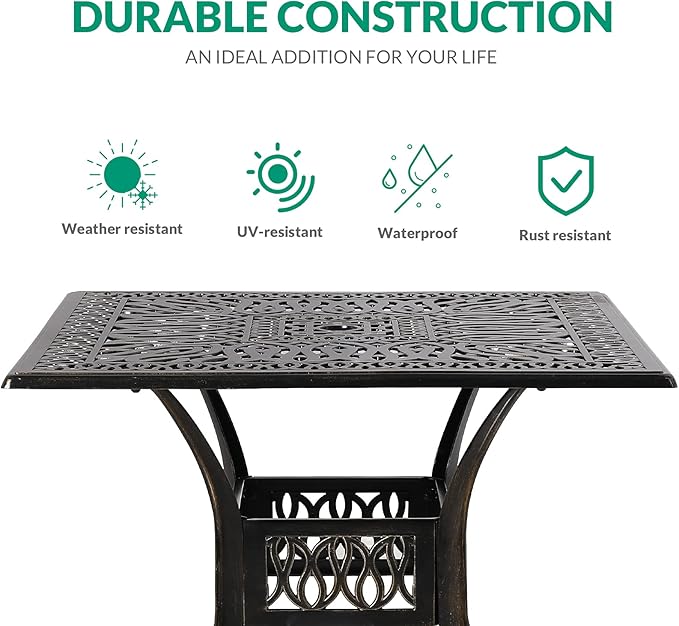 VIVIJASON 35.4" Outdoor Patio Dining Square Table Bronze Cast Aluminum Rustic Large Patio Table with Umbrella Hole