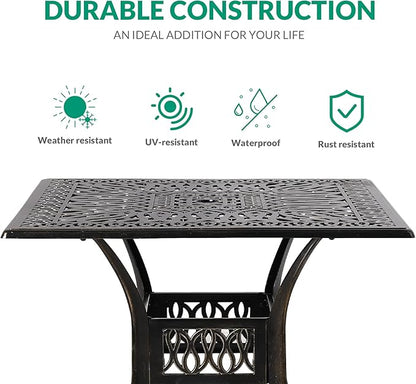 VIVIJASON 35.4" Outdoor Patio Dining Square Table Bronze Cast Aluminum Rustic Large Patio Table with Umbrella Hole