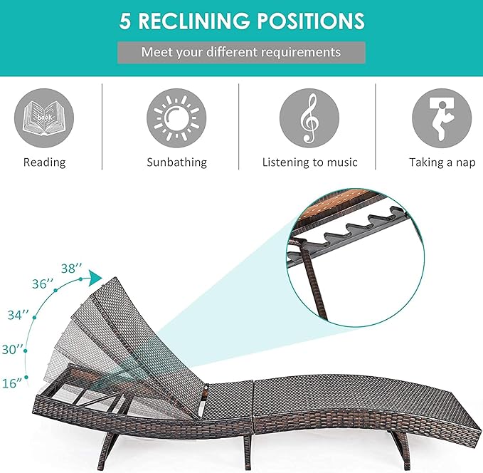 BETTARY Outdoor Folding Chaise Lounge, Rattan Patio Lounge Chair w/Removable Soft Cushion, 5 Adjustable Levels - Photo 5
