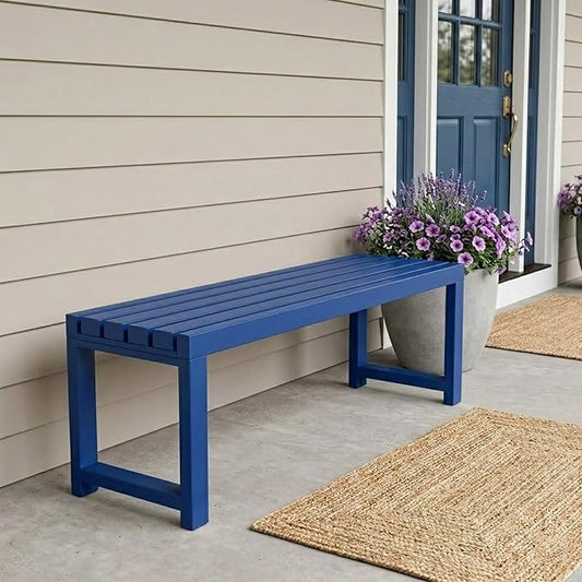 Backless Patio Bench Outdoor Metal Bench, 3.3ft 3.9ft 4.9ft 5.9ft Weatherproof Garden Benches 2-Person Outside Chair for Yard Porch Entryway Sturdy Steel Frame Furniture(Blue,3.3ft)